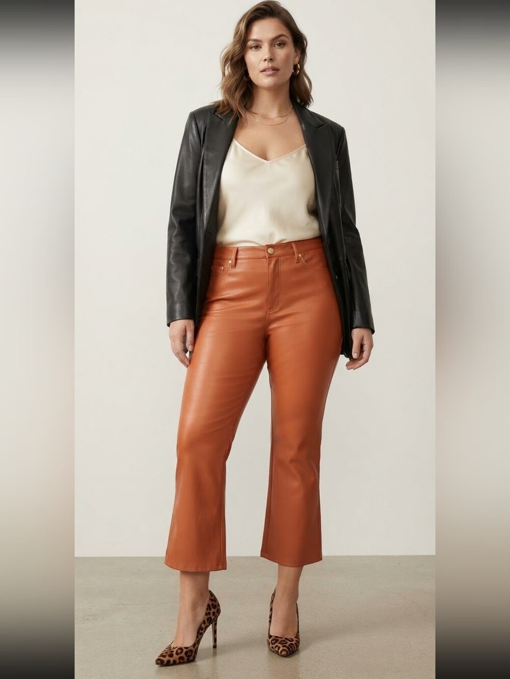 7 For All Mankind Vegan Faux Leather Wide Leg Pants Cognac Size 12